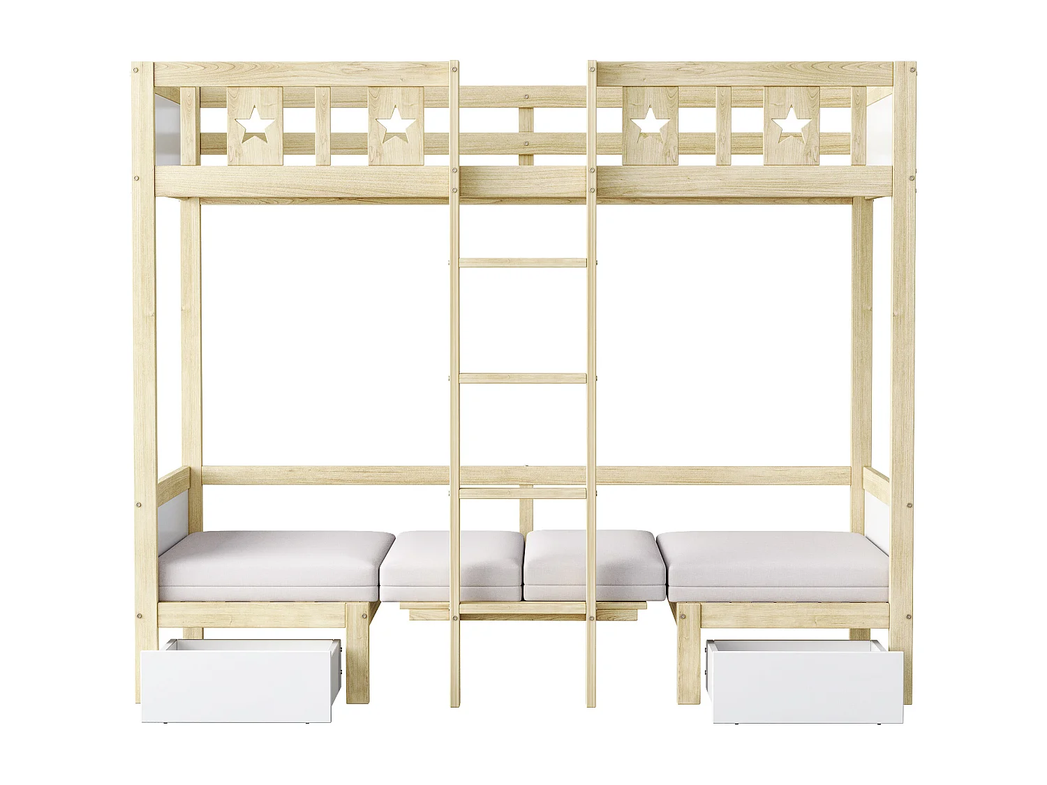 Etagenbetten 2 x 90 x 200 cm mit 2 Schubladen - 2 in 1 Bett/Schreibtisch - Kiefer + Sperrholz + MDF - für Kinder - Natur + Weiß