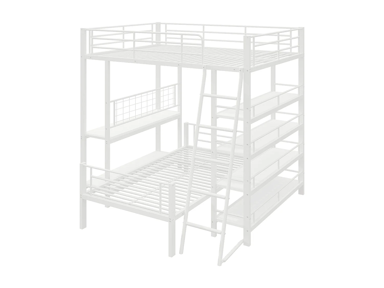 Etagenbett 140x200cm + 90x200cm mit Schreibtisch und Ablageflächen - Metallgestell - für Kinder - Weiß