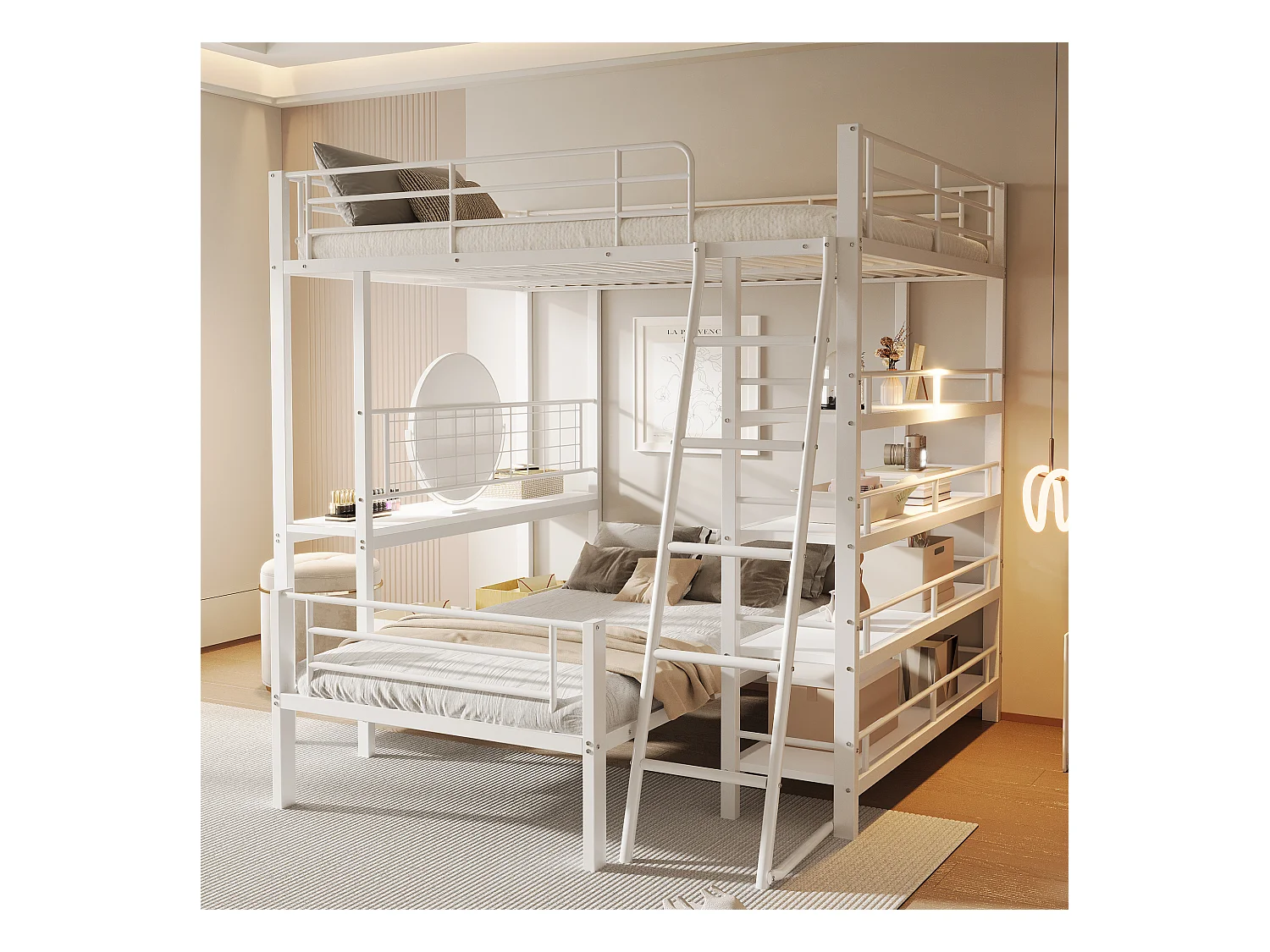 Lits superposés 140 x 200 cm + 90 x 200 cm avec bureau et étagères de rangement - Cadre en métal - pour enfant - Blanc
