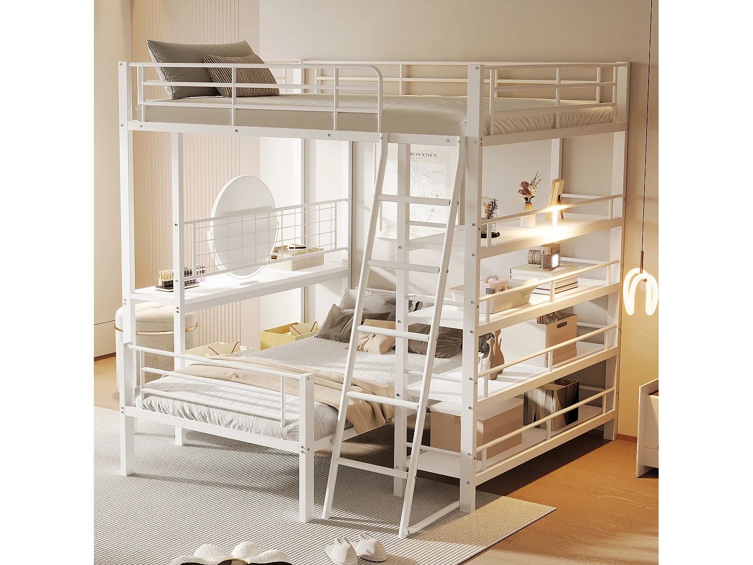 Lits superposés 140 x 200 cm + 90 x 200 cm avec bureau et étagères de rangement - Cadre en métal - pour enfant - Blanc