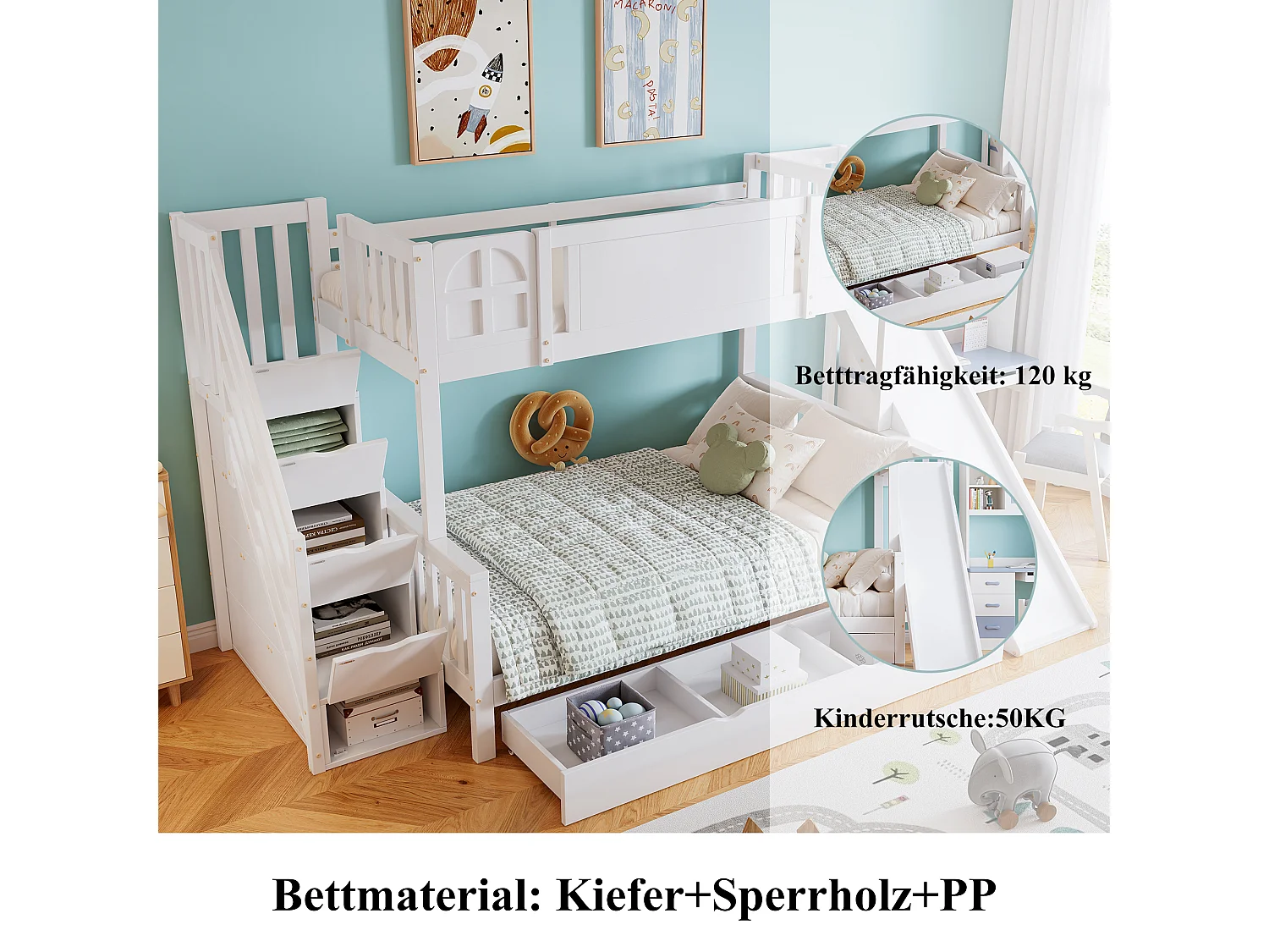 Łóżka piętrowe 120 x 200 cm + 90 x 200 cm ze zjeżdżalnią, 7 szufladami i barierkami zabezpieczającymi - Sosna + MDF - Białe (bez materaca)