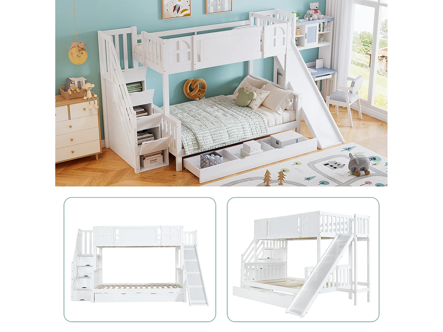 Łóżka piętrowe 120 x 200 cm + 90 x 200 cm ze zjeżdżalnią, 7 szufladami i barierkami zabezpieczającymi - Sosna + MDF - Białe (bez materaca)