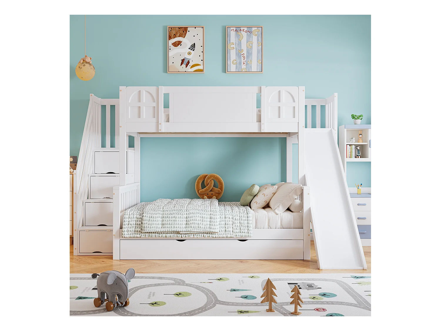 Lits superposés 120 x 200 cm + 90 x 200 cm avec toboggan, 7 tiroirs et barrières de protection - Pin+MDF - Blanc (sans matelas)