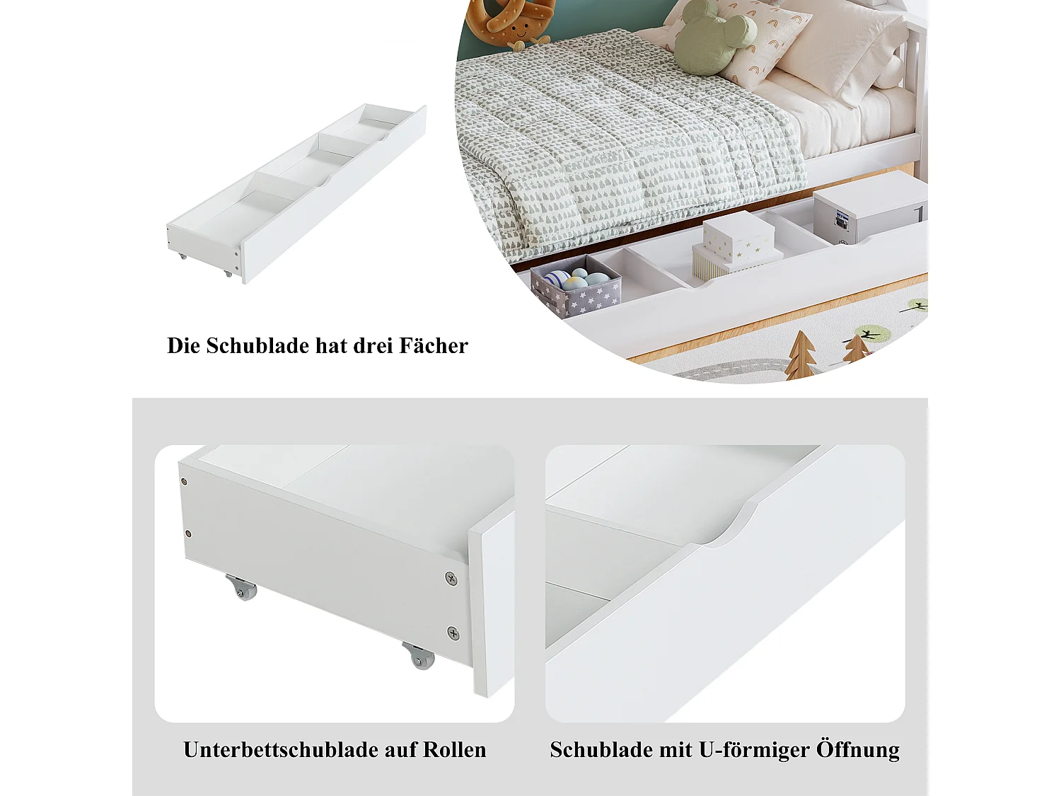 Etagenbetten 120 x 200 cm + 90 x 200 cm mit Rutsche, 7 Schubladen und Sicherheitsbarrieren – Kiefer + MDF – Weiß (ohne Matratze)