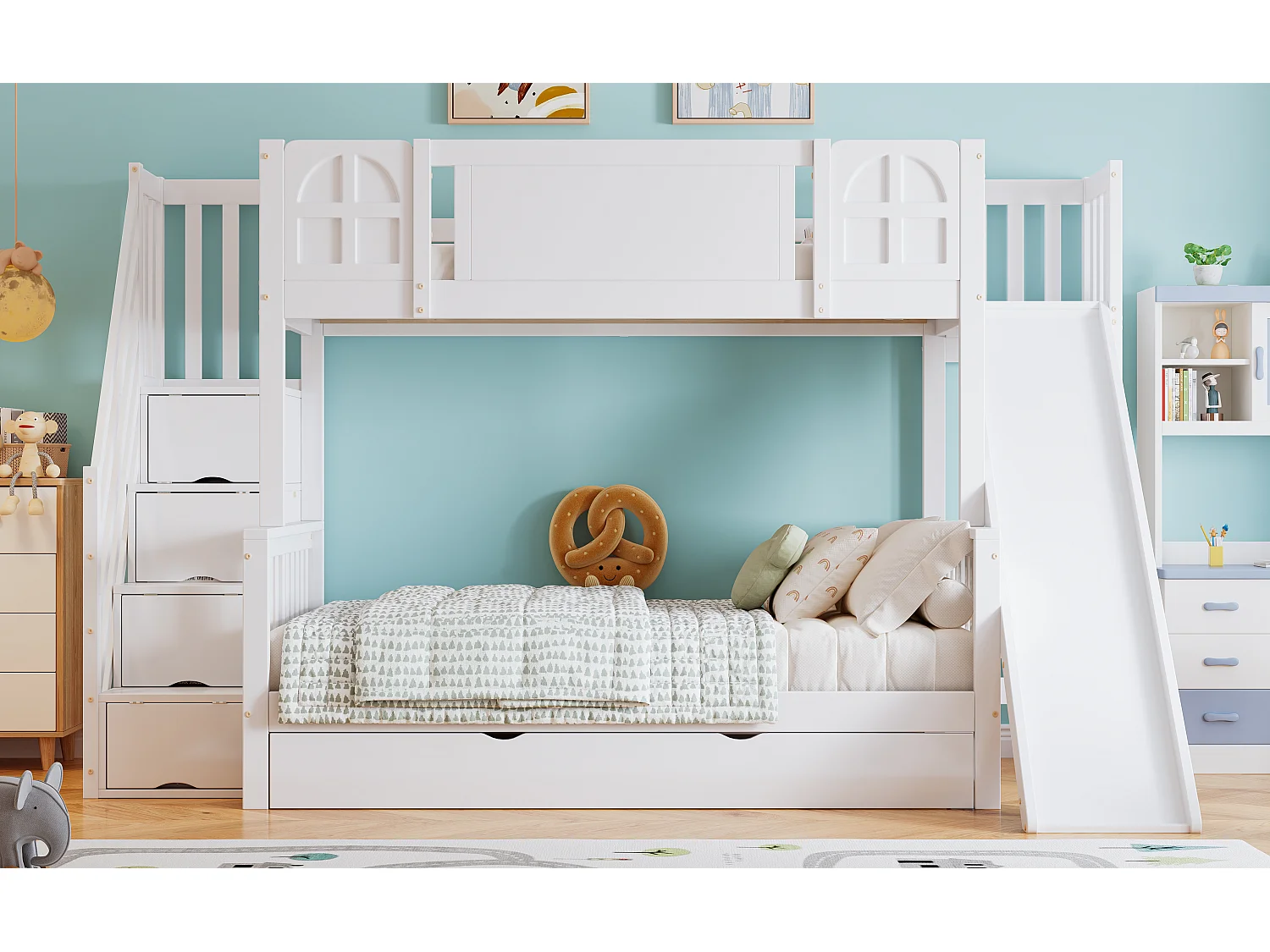 Etagenbetten 120 x 200 cm + 90 x 200 cm mit Rutsche, 7 Schubladen und Sicherheitsbarrieren – Kiefer + MDF – Weiß (ohne Matratze)