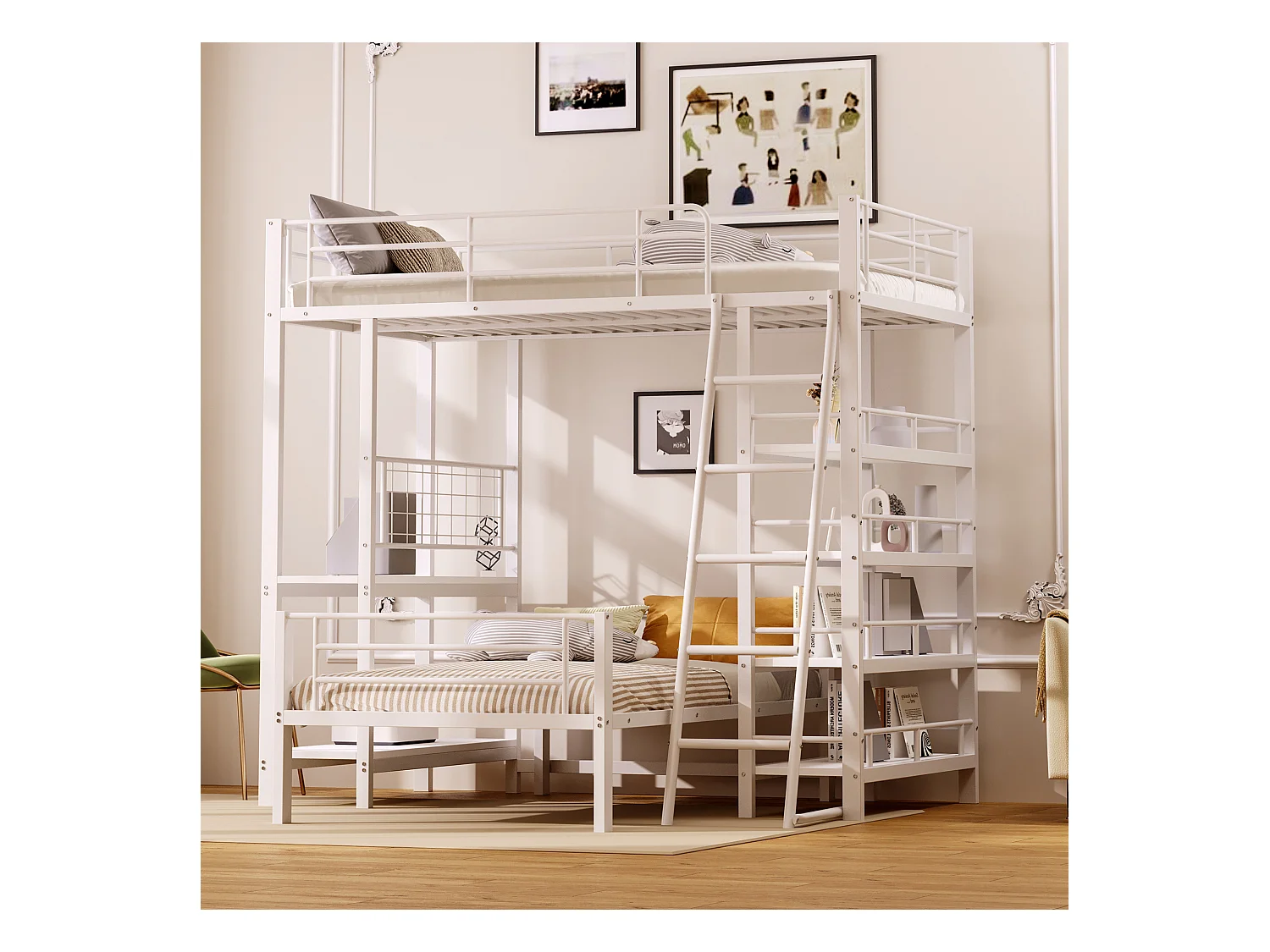 Etagenbett 2x90x200cm mit Schreibtisch und Ablageflächen - Metallgestell - für Kinder - Weiß