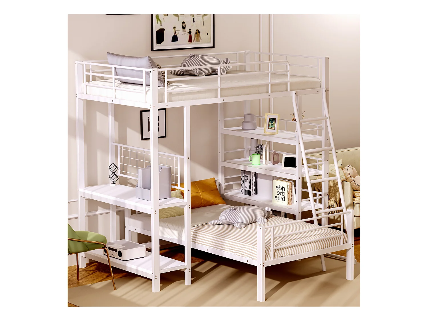 Etagenbett 2x90x200cm mit Schreibtisch und Ablageflächen - Metallgestell - für Kinder - Weiß