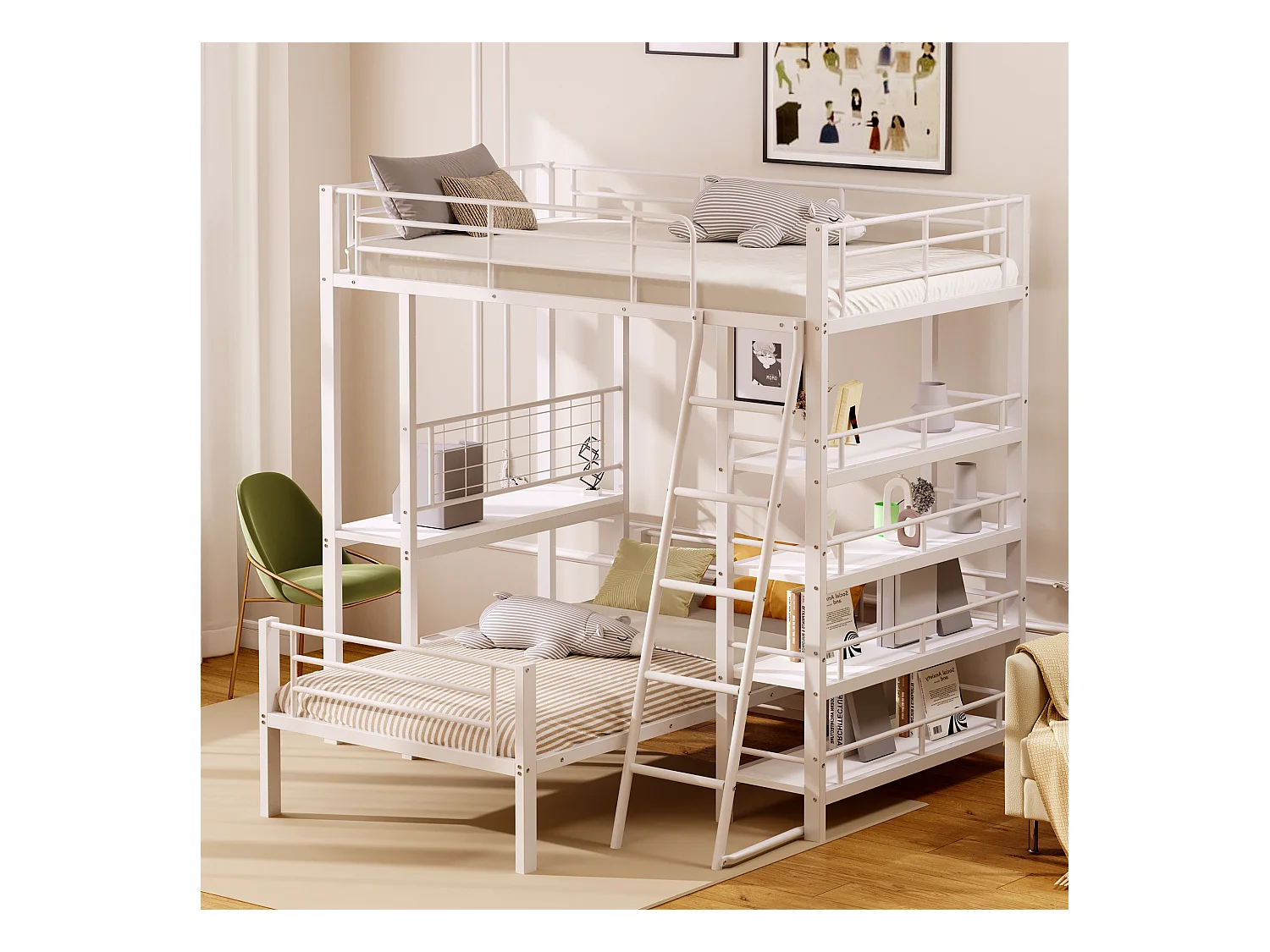 Etagenbett 2x90x200cm mit Schreibtisch und Ablageflächen - Metallgestell - für Kinder - Weiß