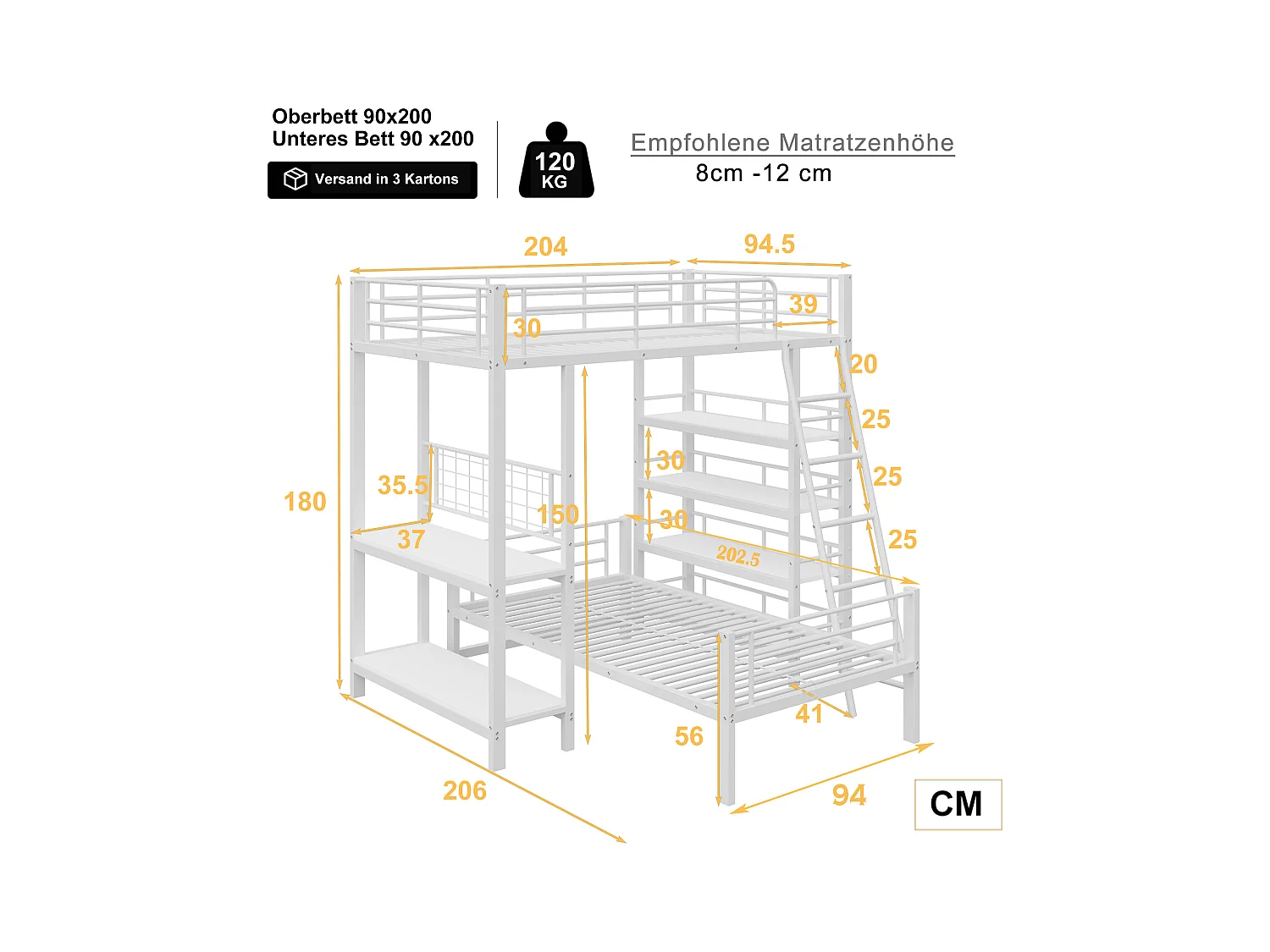Etagenbett 2x90x200cm mit Schreibtisch und Ablageflächen - Metallgestell - für Kinder - Weiß
