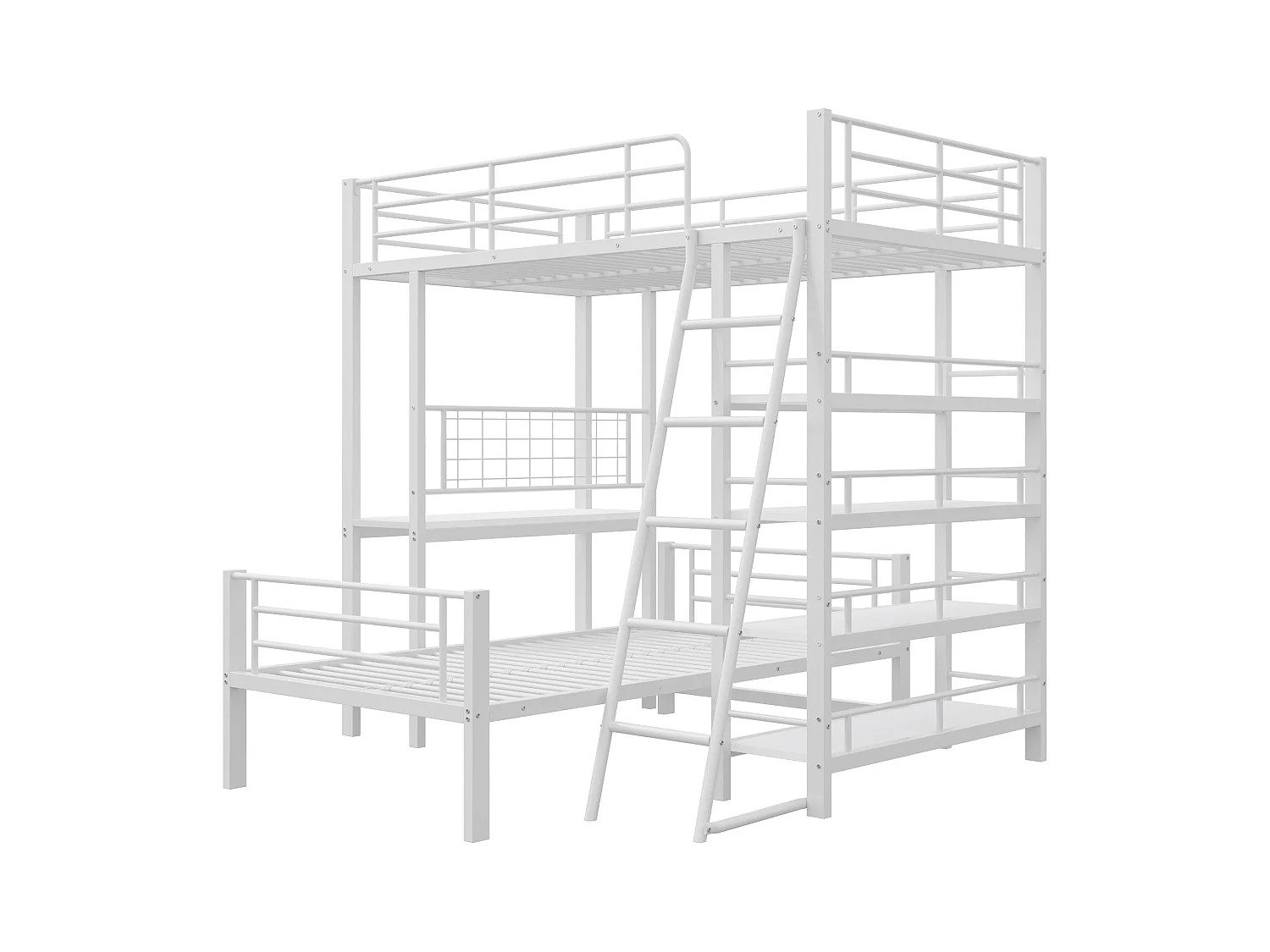 Etagenbett 2x90x200cm mit Schreibtisch und Ablageflächen - Metallgestell - für Kinder - Weiß