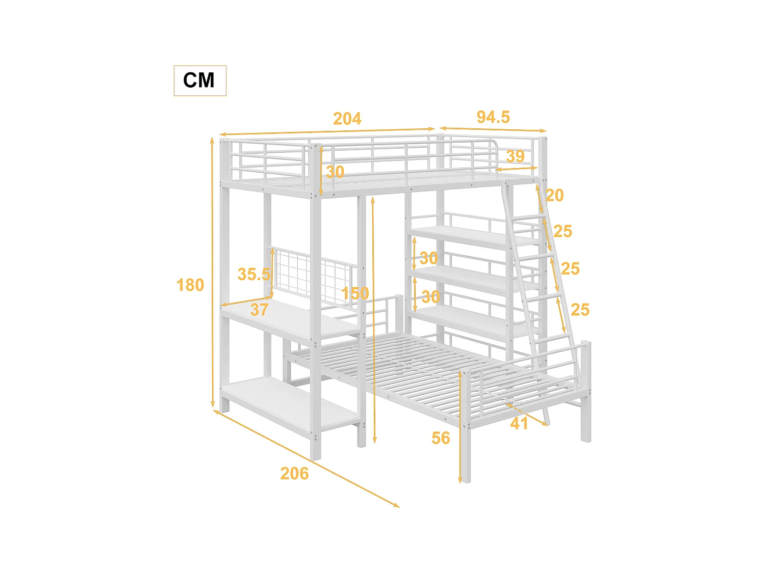 Etagenbett 2x90x200cm mit Schreibtisch und Ablageflächen - Metallgestell - für Kinder - Weiß