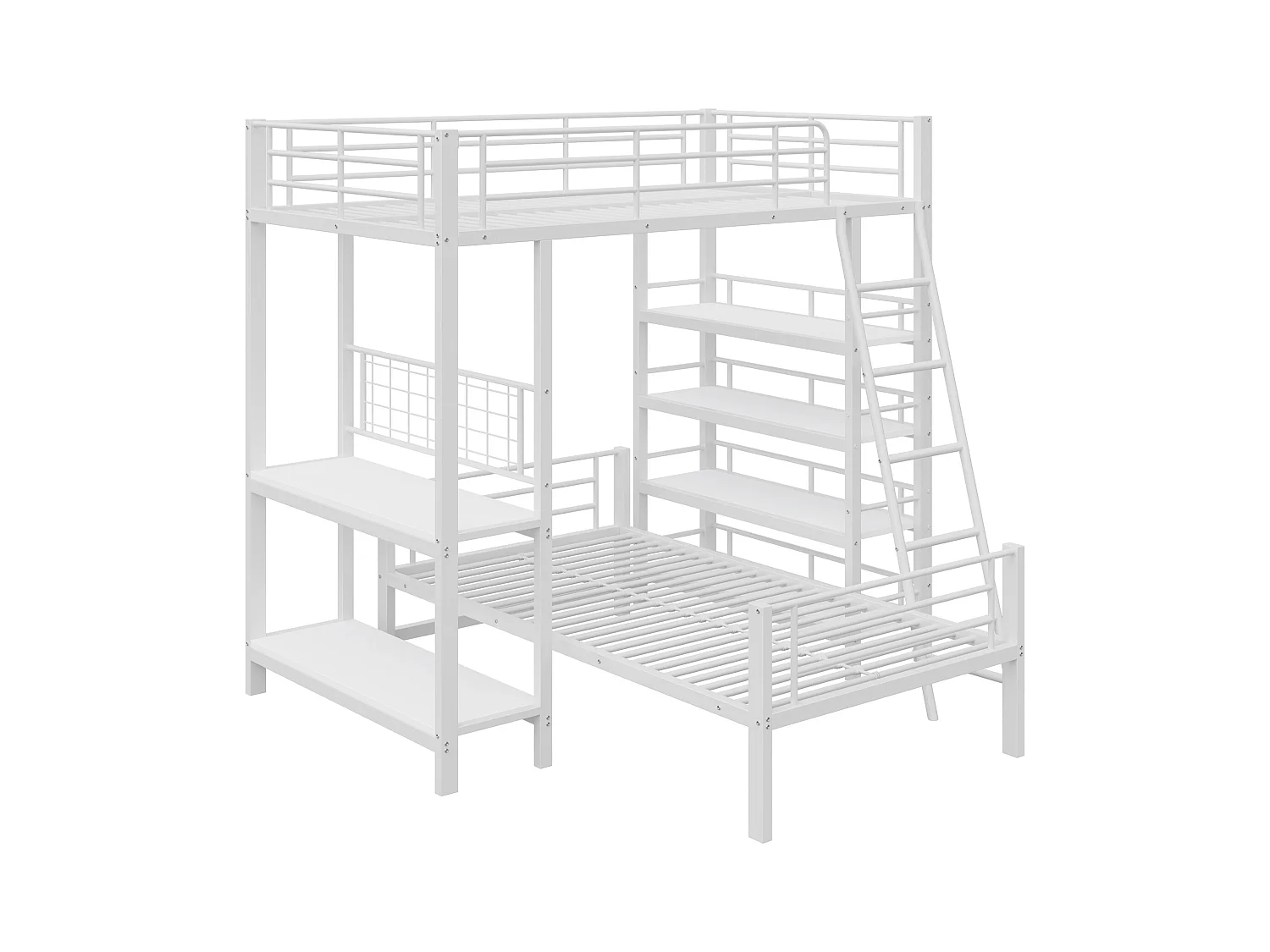 Etagenbett 2x90x200cm mit Schreibtisch und Ablageflächen - Metallgestell - für Kinder - Weiß