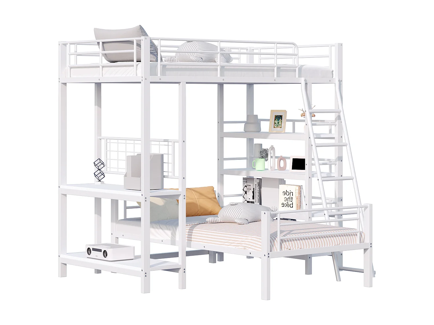 Lits superposés 2 x 90 x 200 cm avec bureau et étagères de rangement - Cadre en métal - pour enfant - Blanc