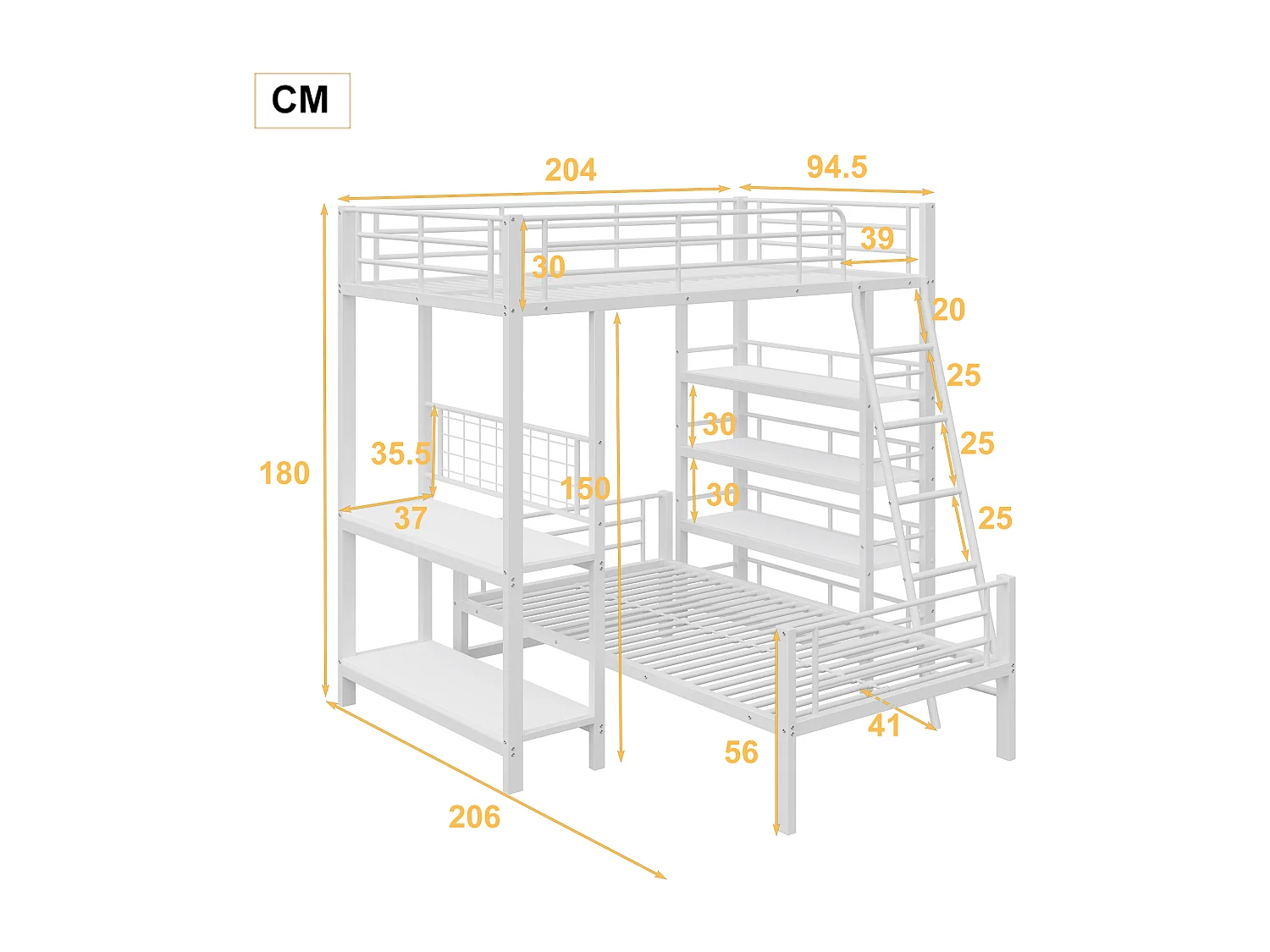 Lits superposés 2 x 90 x 200 cm avec bureau et étagères de rangement - Cadre en métal - pour enfant - Blanc
