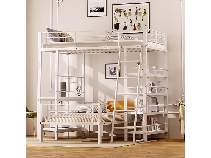 Letti a castello 2 x 90 x 200 cm con scrivania e ripiani portaoggetti - Struttura in metallo - per bambini - Bianco