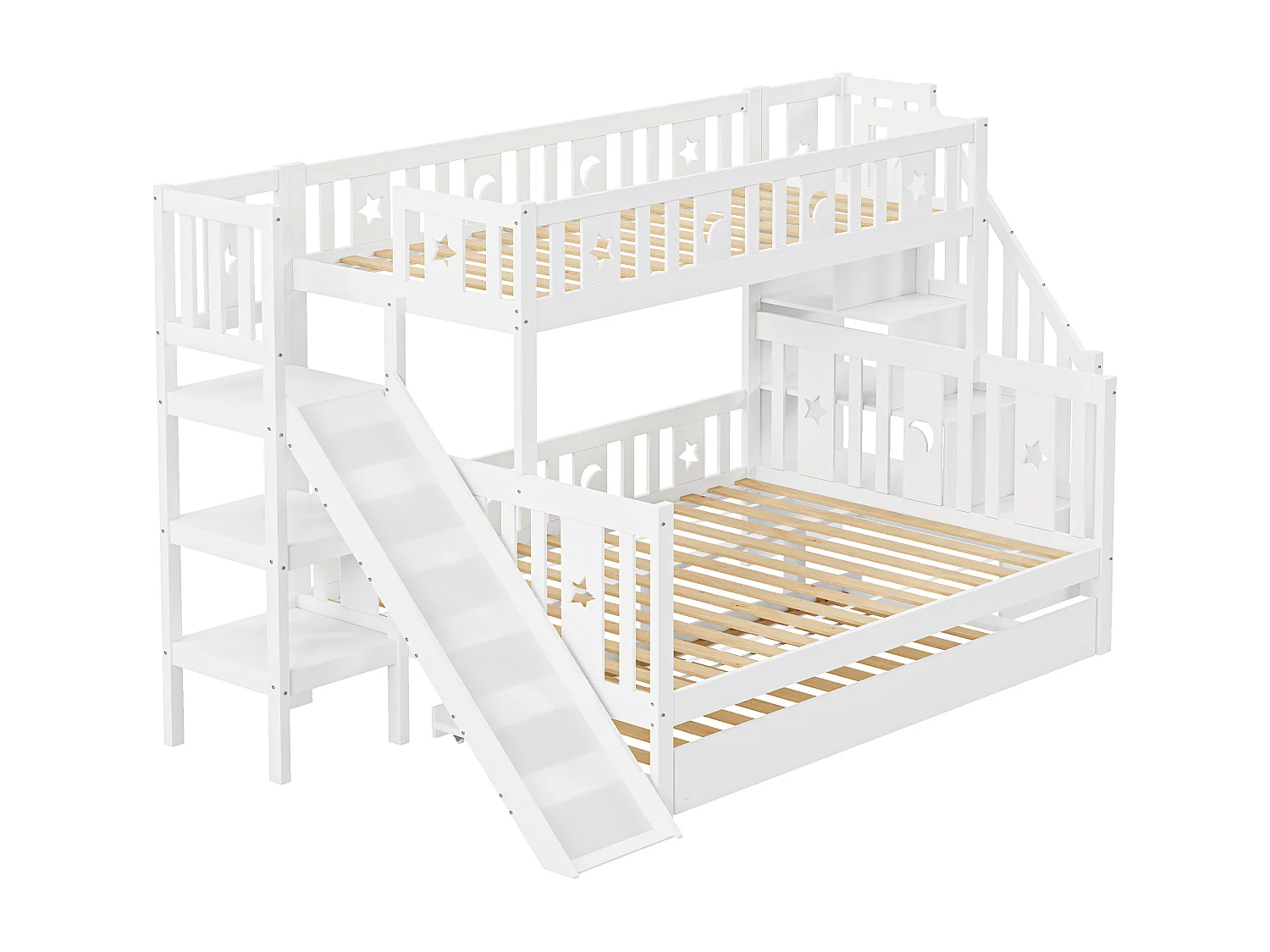 Lits superposés 90/140 x 200 cm + lit gigogne 90 x 190 cm avec toboggan et étagère de rangement - pin+contreplaqué+MDF - Blanc