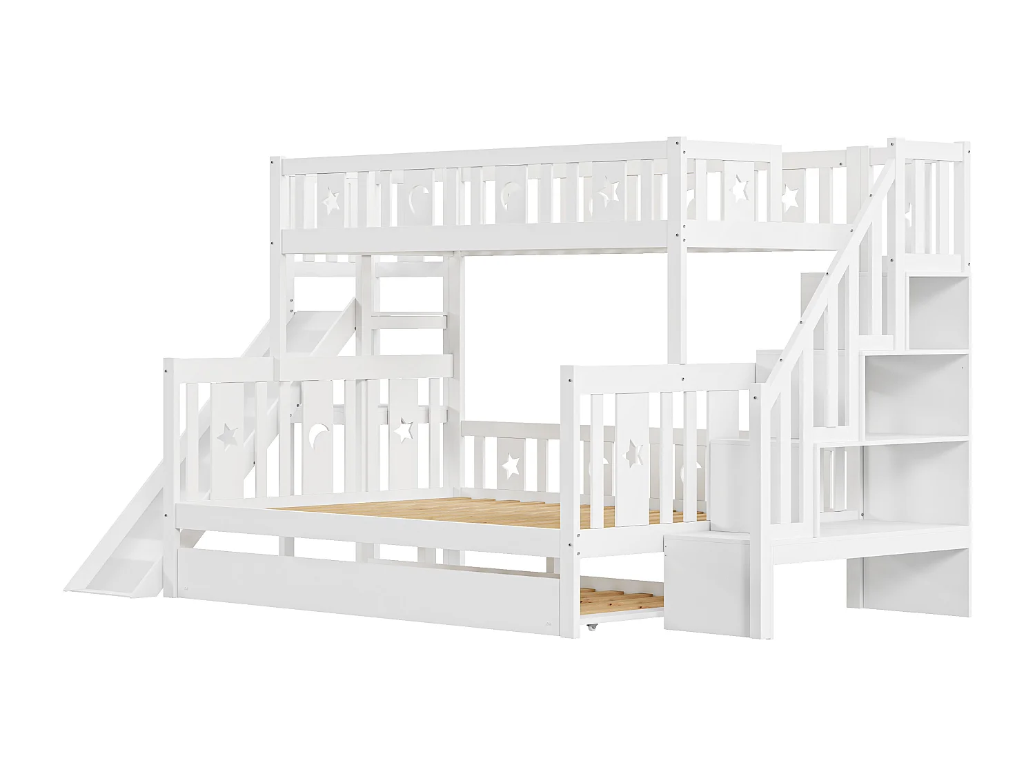 Lits superposés 90/140 x 200 cm + lit gigogne 90 x 190 cm avec toboggan et étagère de rangement - pin+contreplaqué+MDF - Blanc