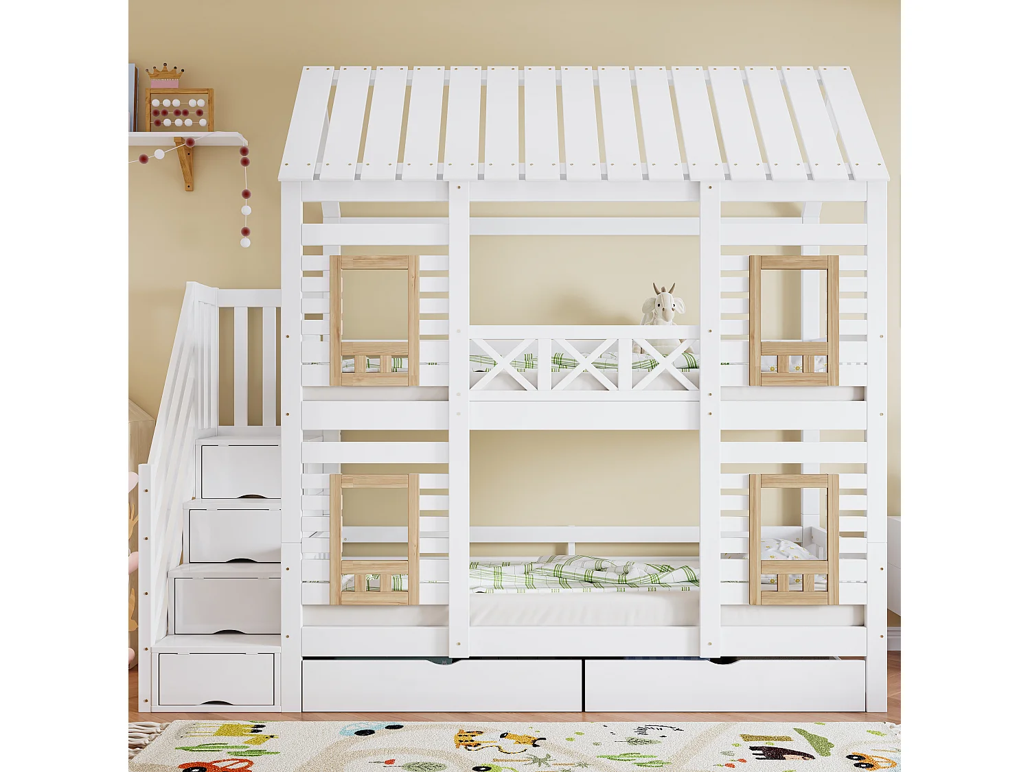 Etagenbett 2 x 90 x 200 cm mit 2 Schubladen und 4 Staufächern - Kiefer + MDF - für Kinder - Weiß + Natur