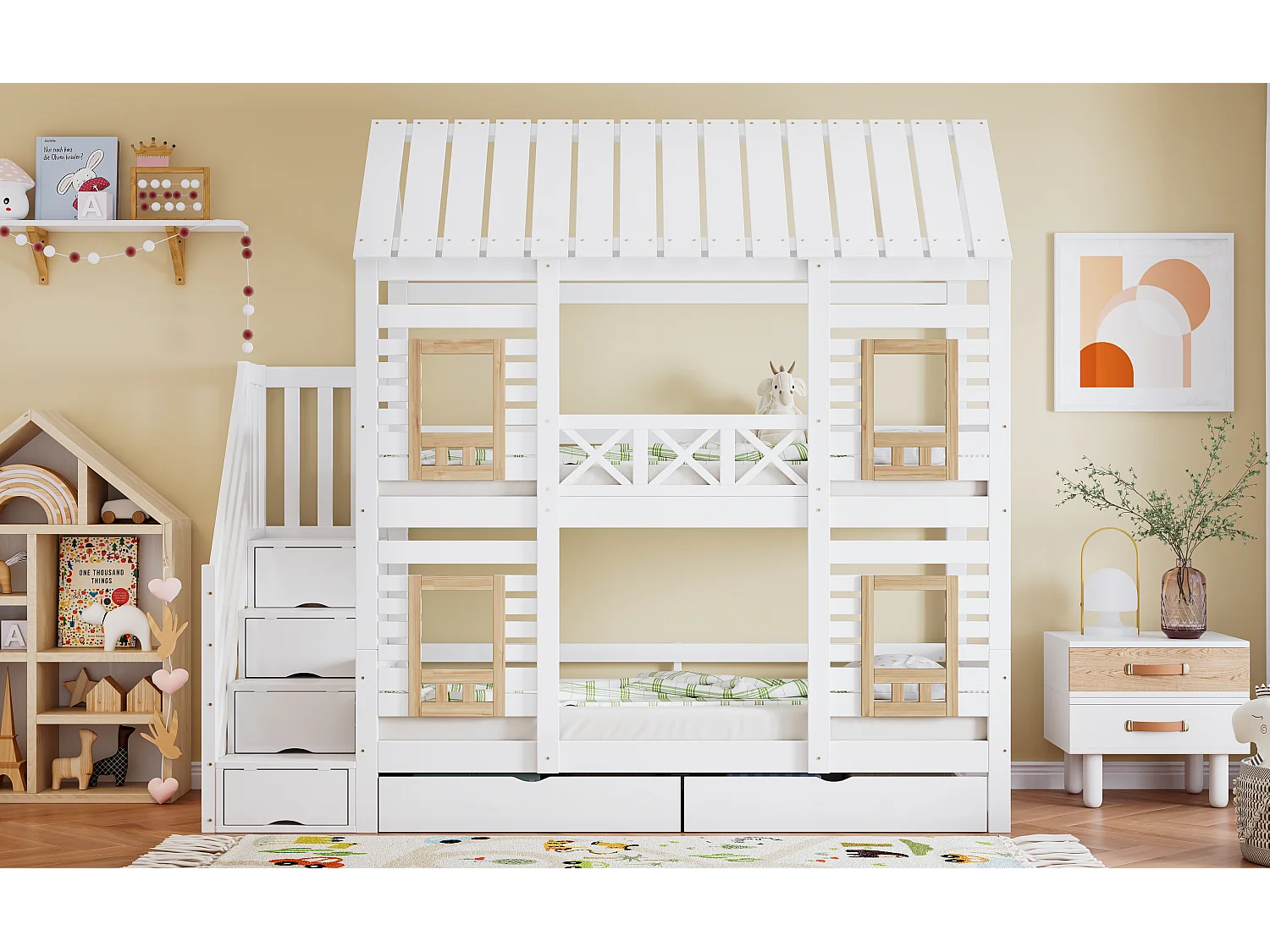 Etagenbett 2 x 90 x 200 cm mit 2 Schubladen und 4 Staufächern - Kiefer + MDF - für Kinder - Weiß + Natur