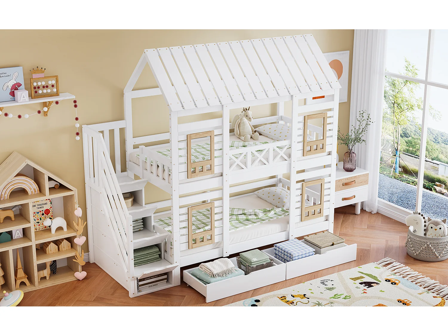 Etagenbett 2 x 90 x 200 cm mit 2 Schubladen und 4 Staufächern - Kiefer + MDF - für Kinder - Weiß + Natur