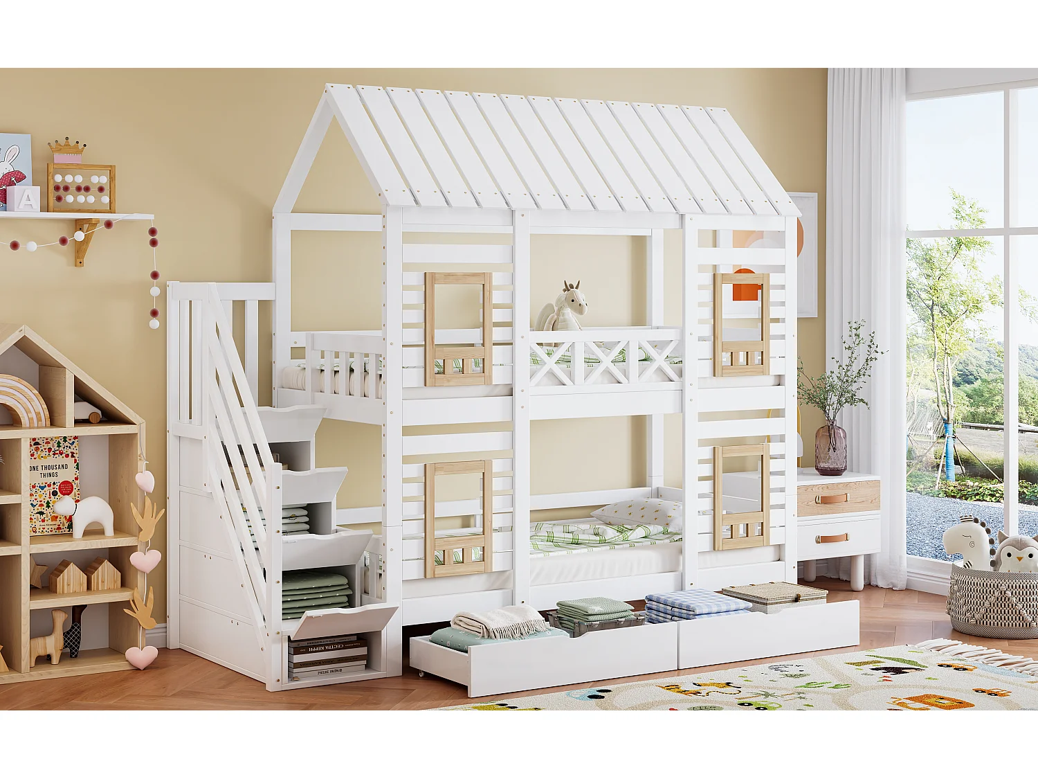 Etagenbett 2 x 90 x 200 cm mit 2 Schubladen und 4 Staufächern - Kiefer + MDF - für Kinder - Weiß + Natur