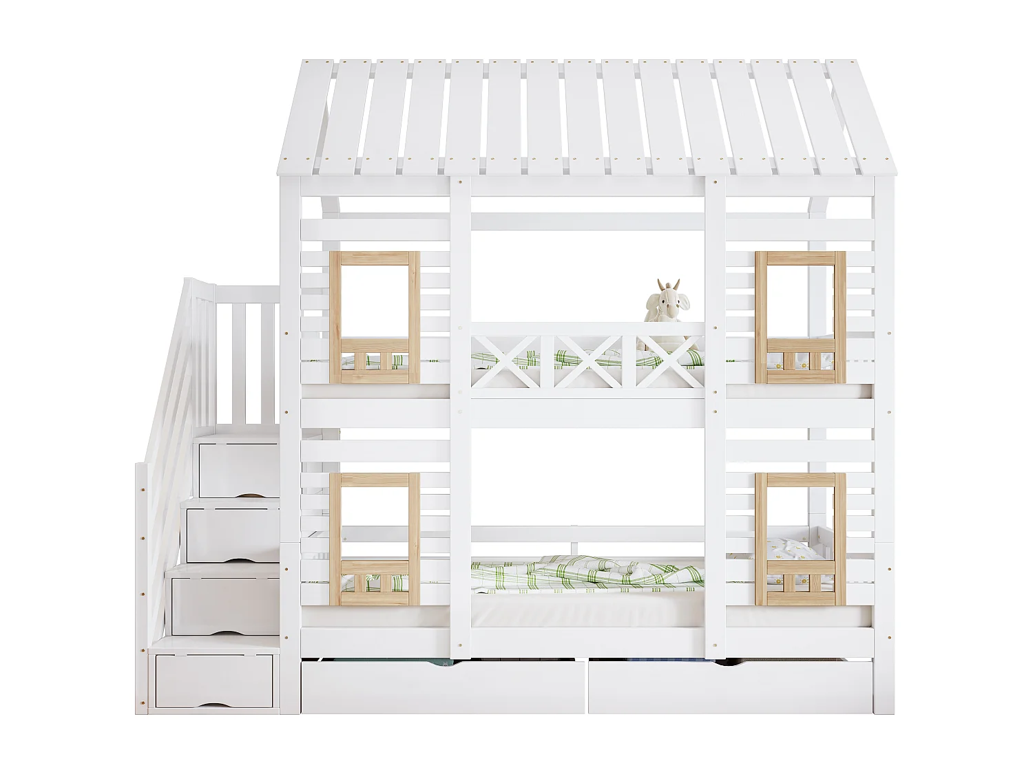 Etagenbett 2 x 90 x 200 cm mit 2 Schubladen und 4 Staufächern - Kiefer + MDF - für Kinder - Weiß + Natur