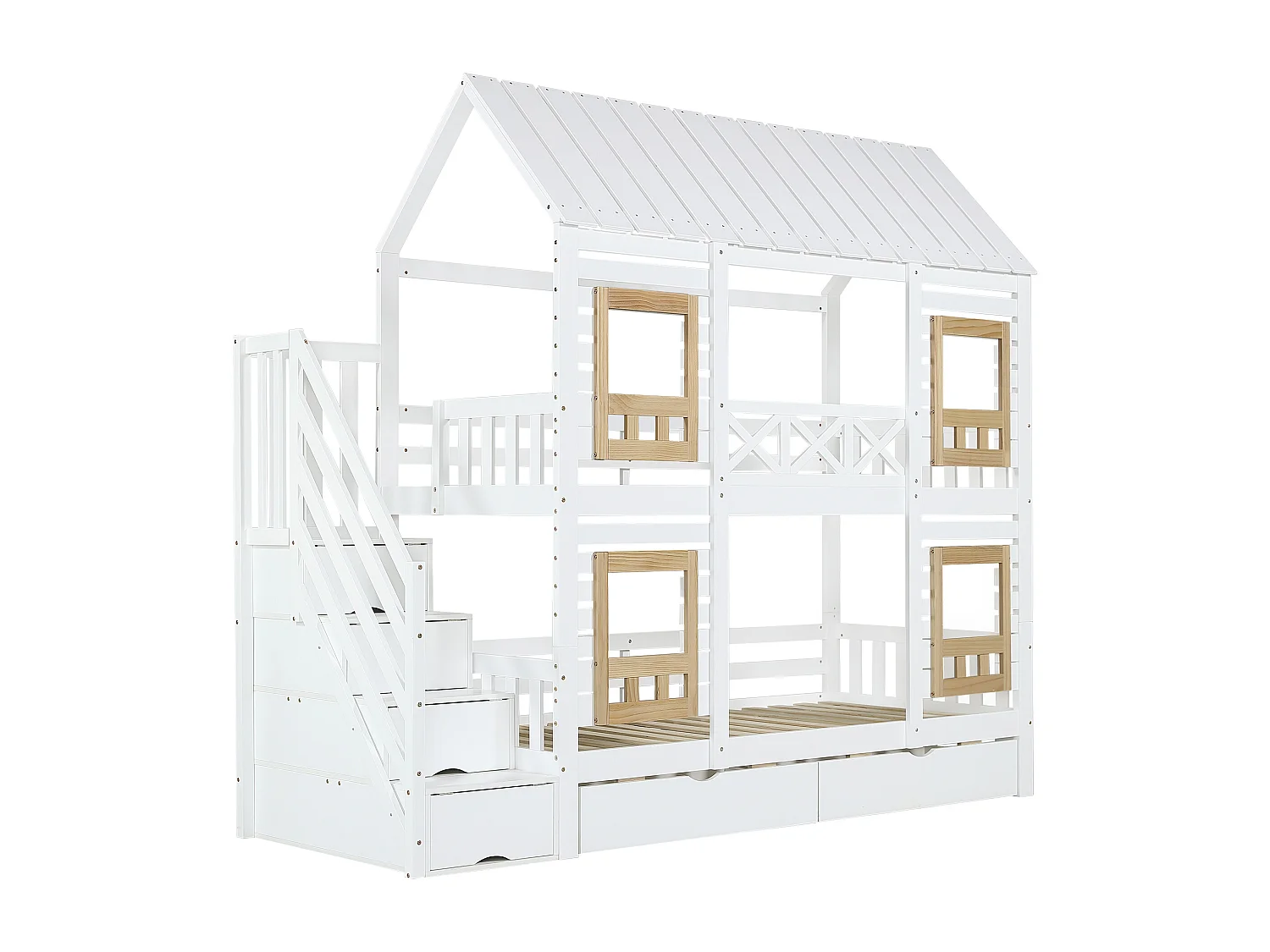 Etagenbett 2 x 90 x 200 cm mit 2 Schubladen und 4 Staufächern - Kiefer + MDF - für Kinder - Weiß + Natur