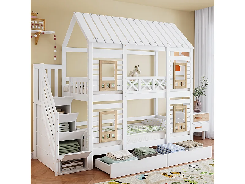 Stapelbed 2 x 90 x 200 cm met 2 lades en 4 opbergvakken - Dennen + MDF - voor kinderen - Wit + naturel