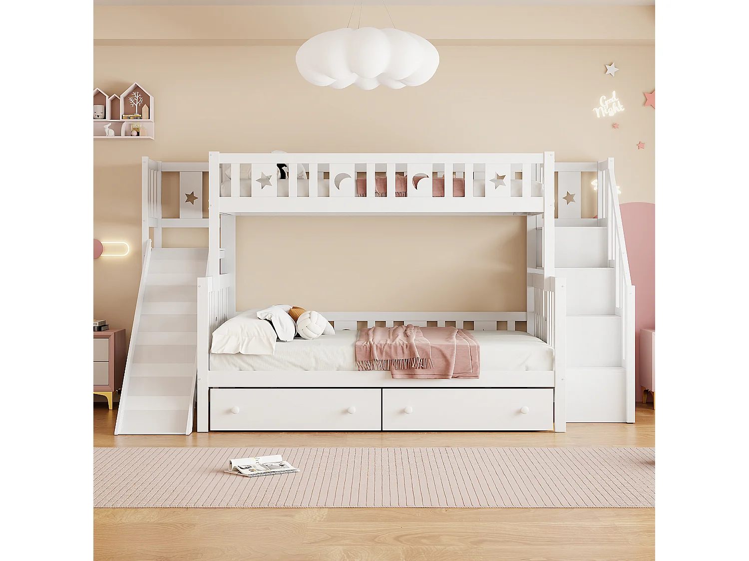 Stapelbed 90/140 x 200 cm met 2 lades, schuif en opbergplank - grenen + multiplex + MDF - Wit