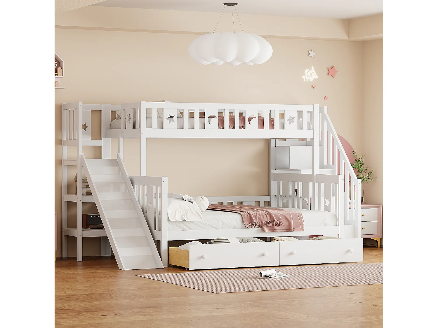 Stapelbed 90/140 x 200 cm met 2 lades, schuif en opbergplank - grenen + multiplex + MDF - Wit