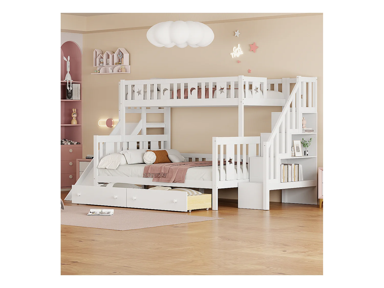 Lits superposés 90/140 x 200 cm avec 2 tiroirs, toboggan et étagère de rangement - pin+contreplaqué+MDF - Blanc