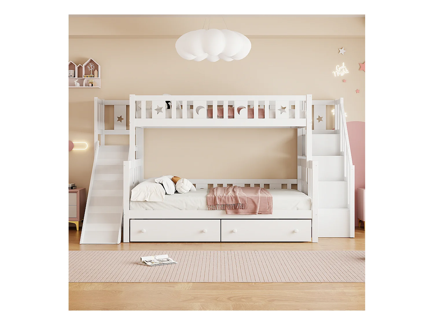 Lits superposés 90/140 x 200 cm avec 2 tiroirs, toboggan et étagère de rangement - pin+contreplaqué+MDF - Blanc