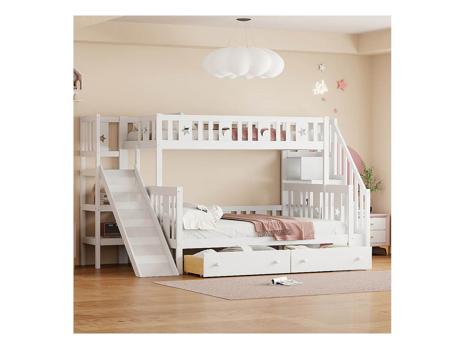 Lits superposés 90/140 x 200 cm avec 2 tiroirs, toboggan et étagère de rangement - pin+contreplaqué+MDF - Blanc