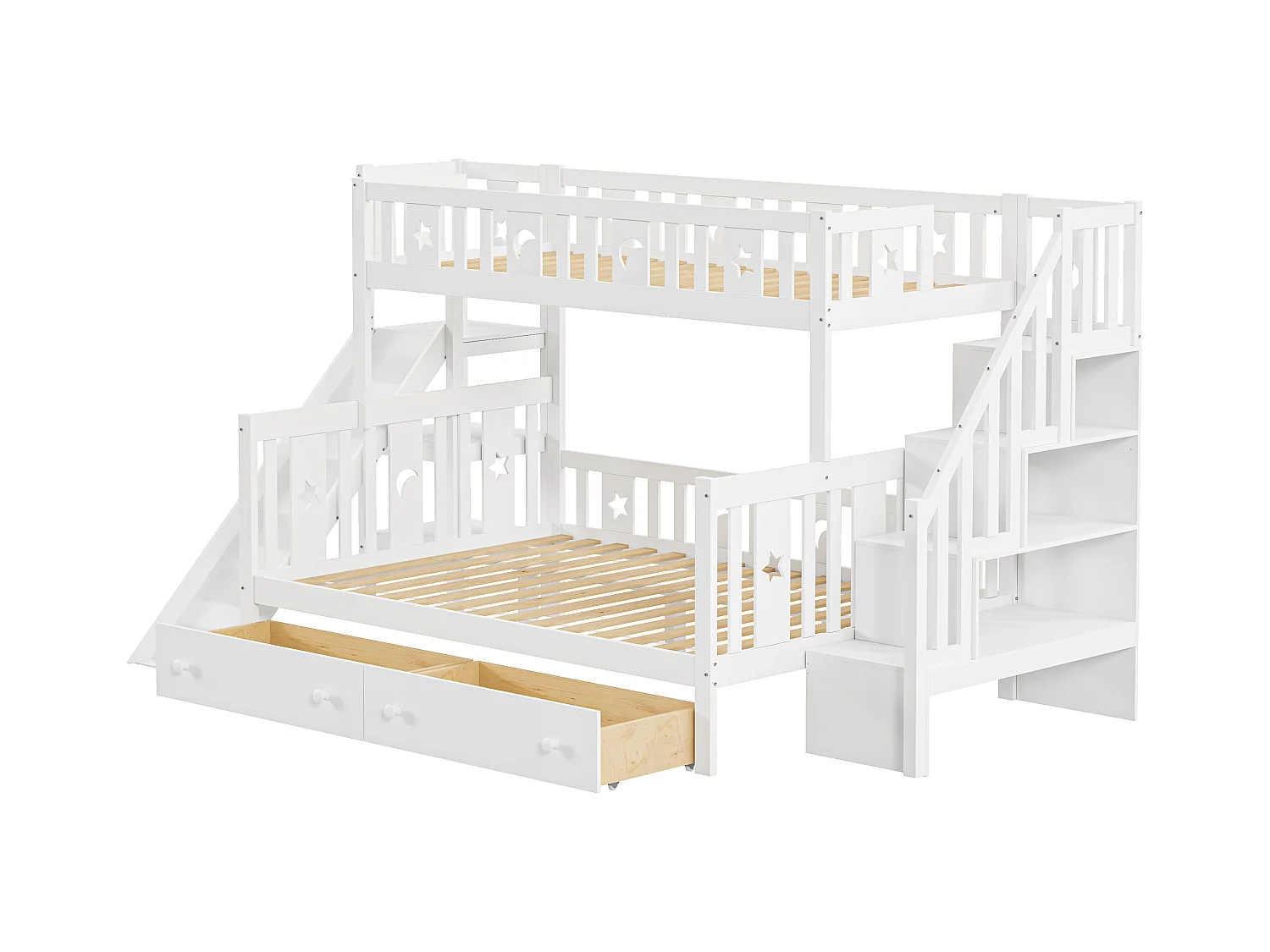 Lits superposés 90/140 x 200 cm avec 2 tiroirs, toboggan et étagère de rangement - pin+contreplaqué+MDF - Blanc