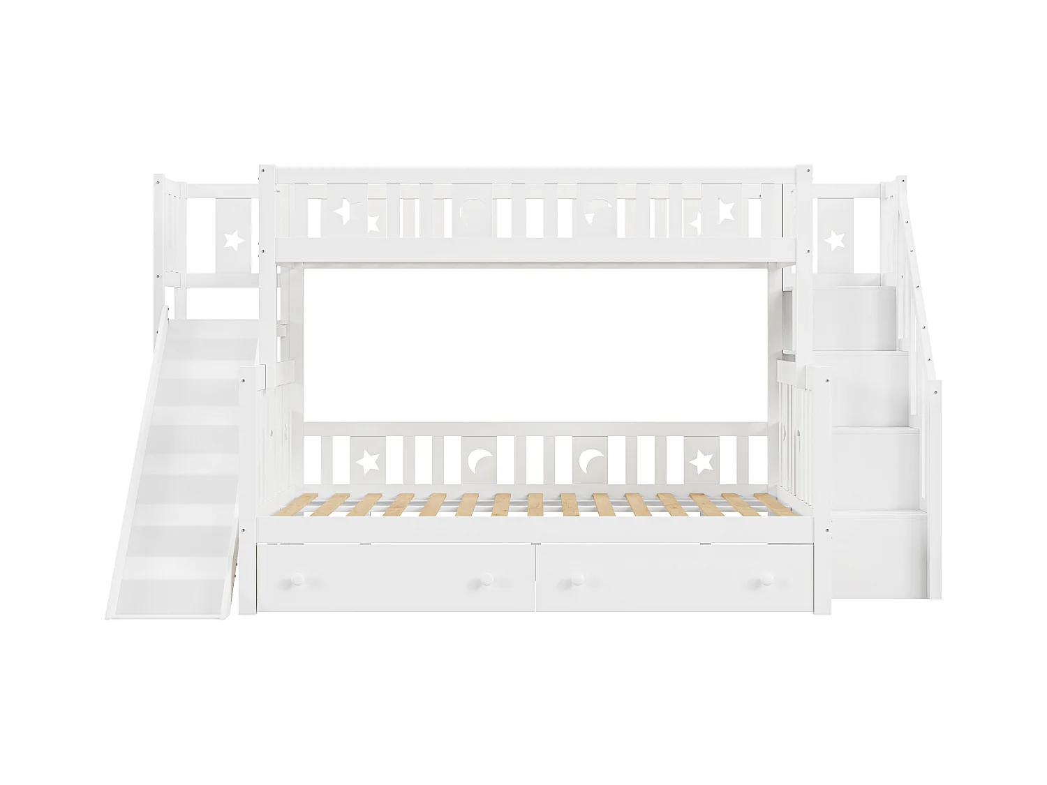Lits superposés 90/140 x 200 cm avec 2 tiroirs, toboggan et étagère de rangement - pin+contreplaqué+MDF - Blanc