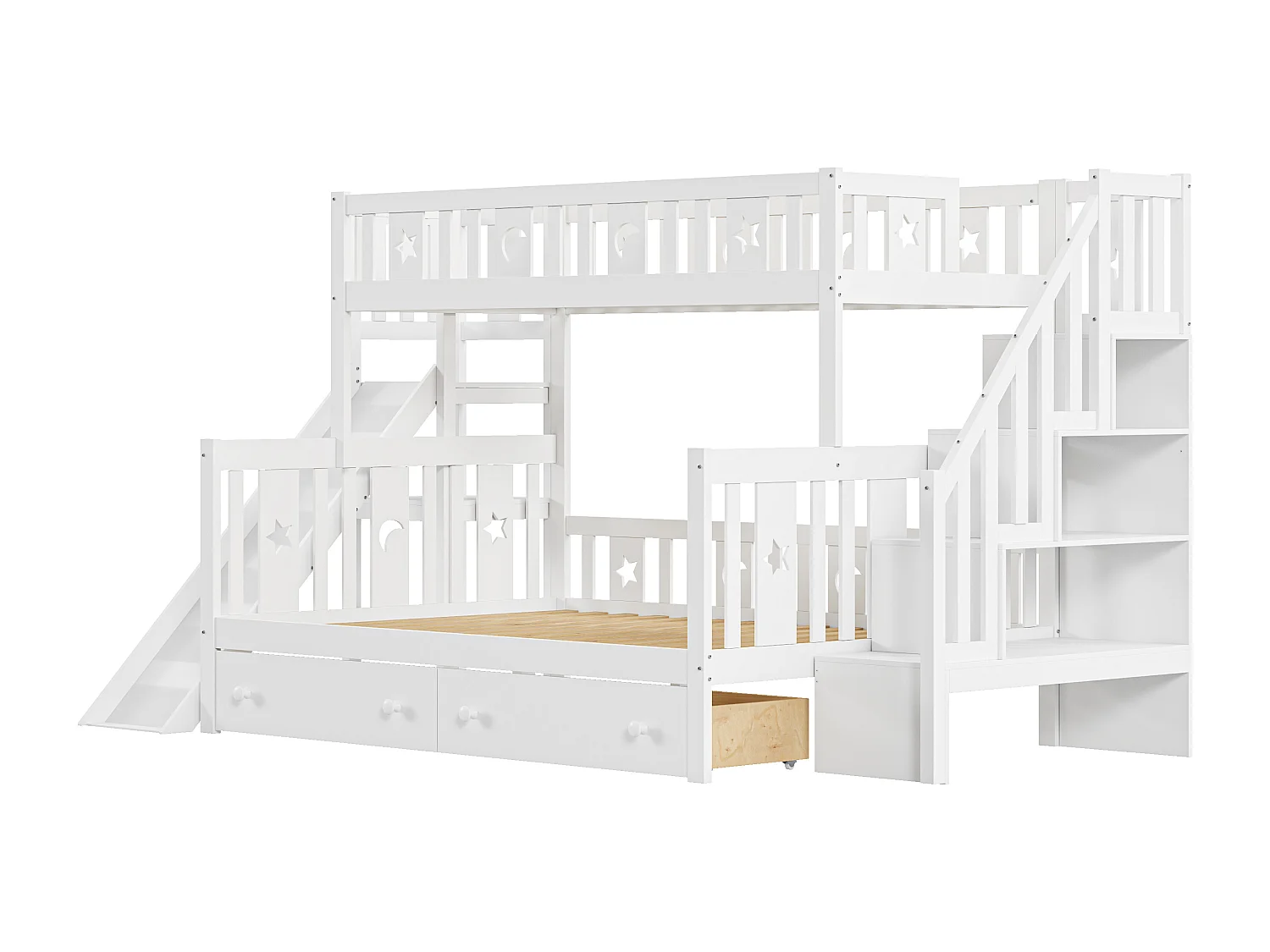 Køjesenge 90/140 x 200 cm med 2 skuffer, udtræk og opbevaringshylde - fyrtræ+krydsfiner+MDF - Hvid