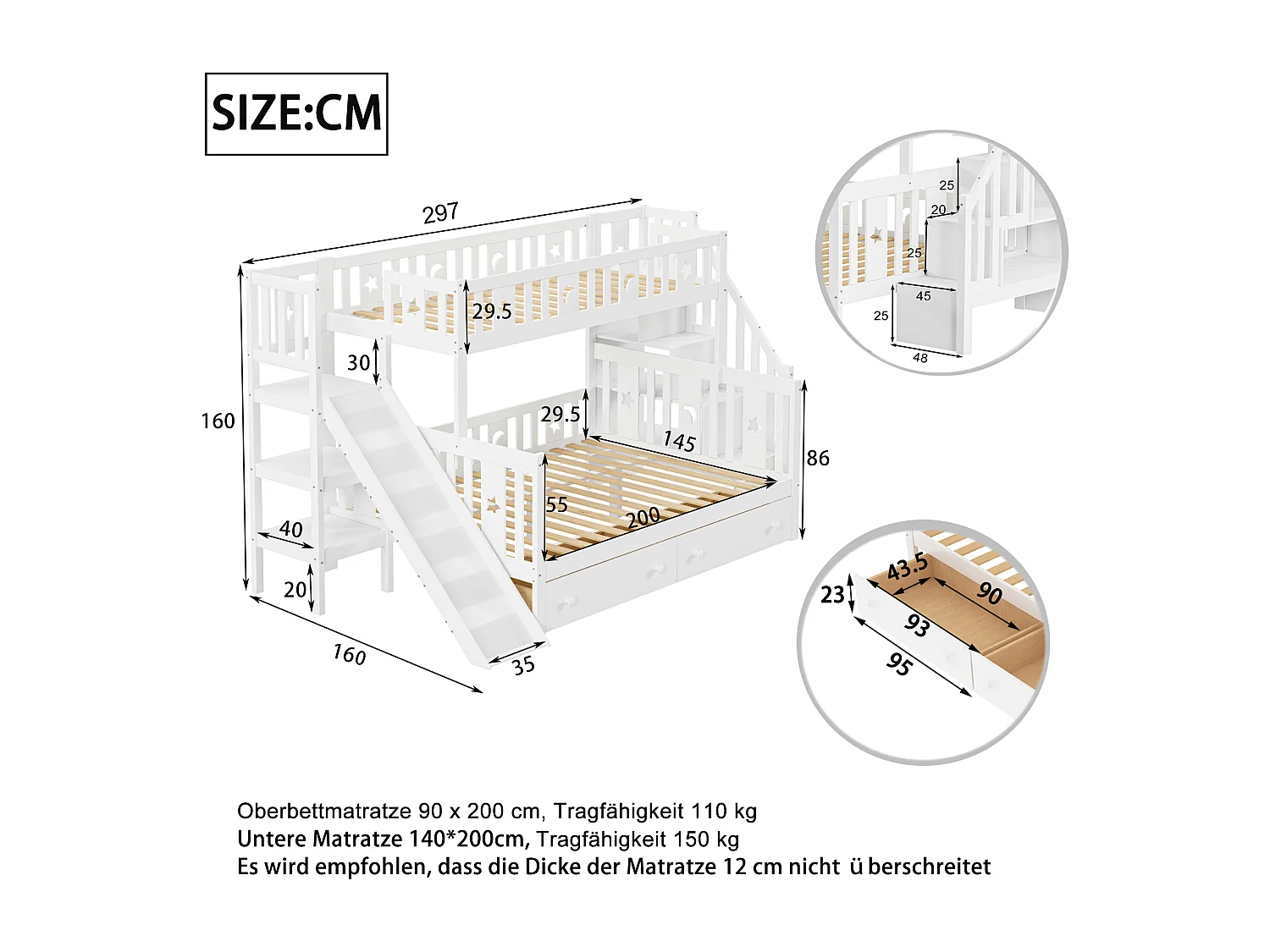 Køjesenge 90/140 x 200 cm med 2 skuffer, udtræk og opbevaringshylde - fyrtræ+krydsfiner+MDF - Hvid