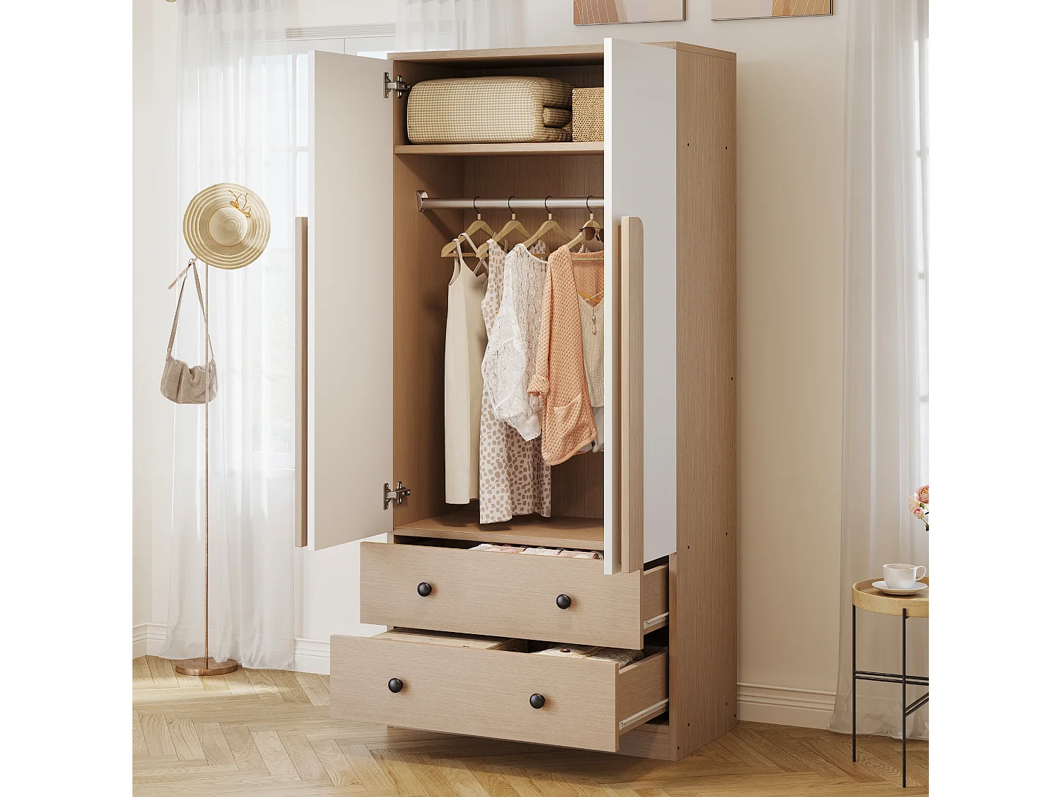 Guarda-roupa com 2 portas e 2 gavetas - 70 x 40 x 170 cm - Pinho + compensado + MDF - Natural e branco