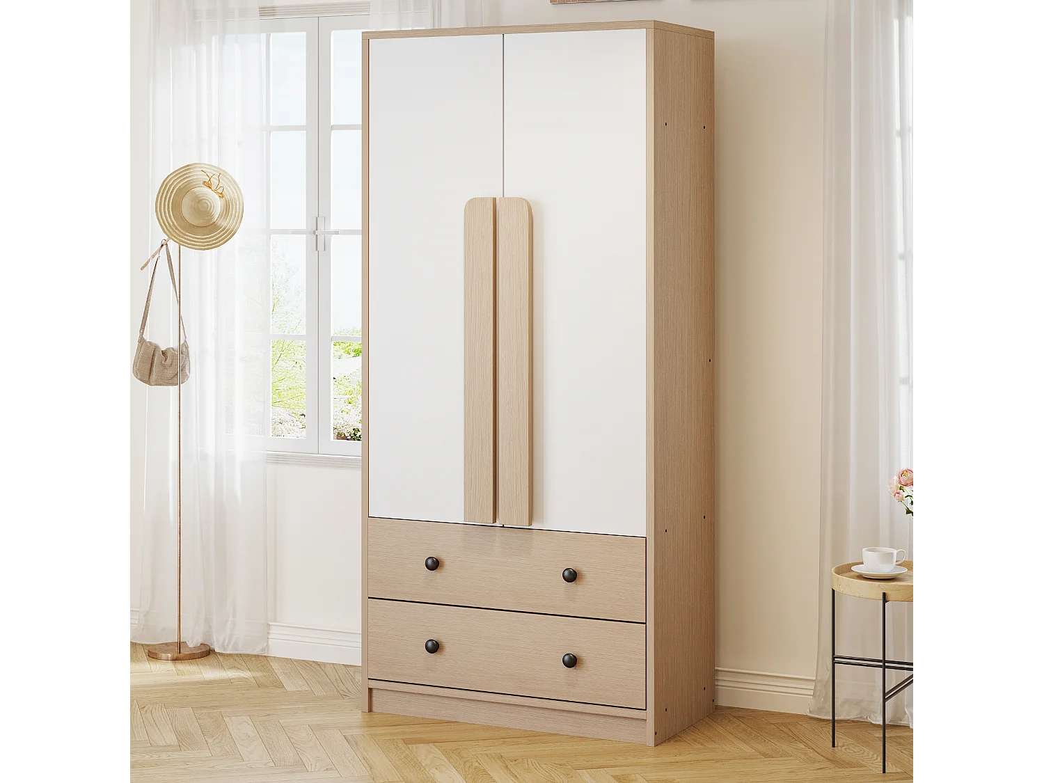 Guarda-roupa com 2 portas e 2 gavetas - 70 x 40 x 170 cm - Pinho + compensado + MDF - Natural e branco