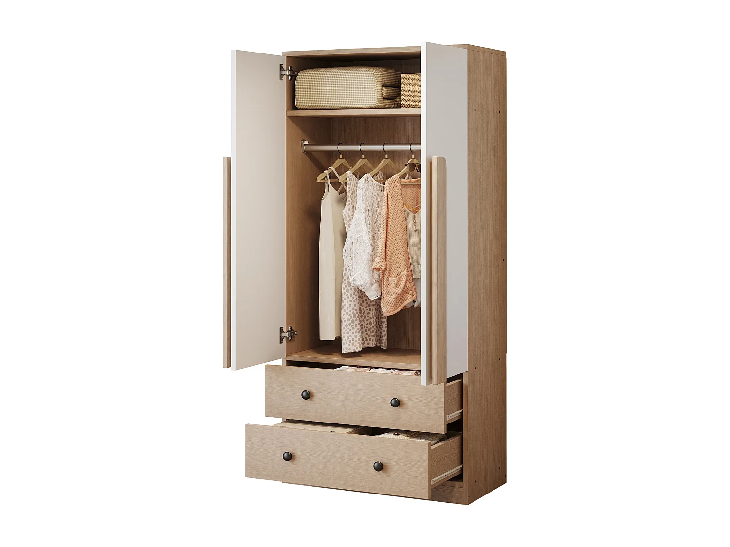 Guarda-roupa com 2 portas e 2 gavetas - 70 x 40 x 170 cm - Pinho + compensado + MDF - Natural e branco