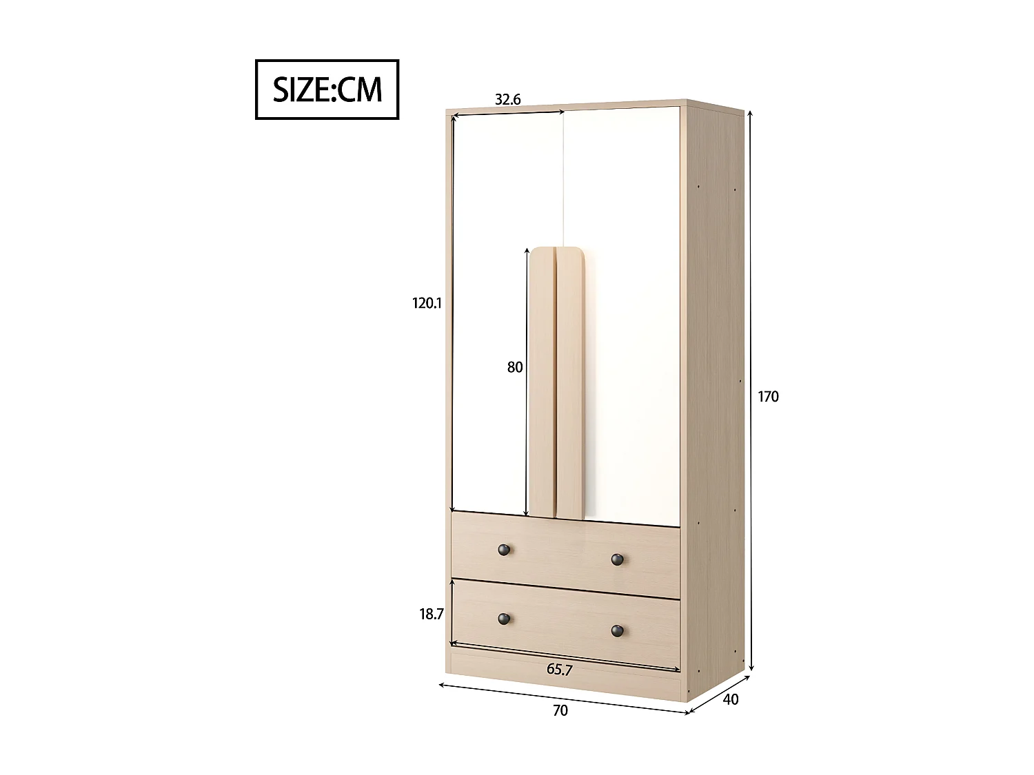 Guarda-roupa com 2 portas e 2 gavetas - 70 x 40 x 170 cm - Pinho + compensado + MDF - Natural e branco