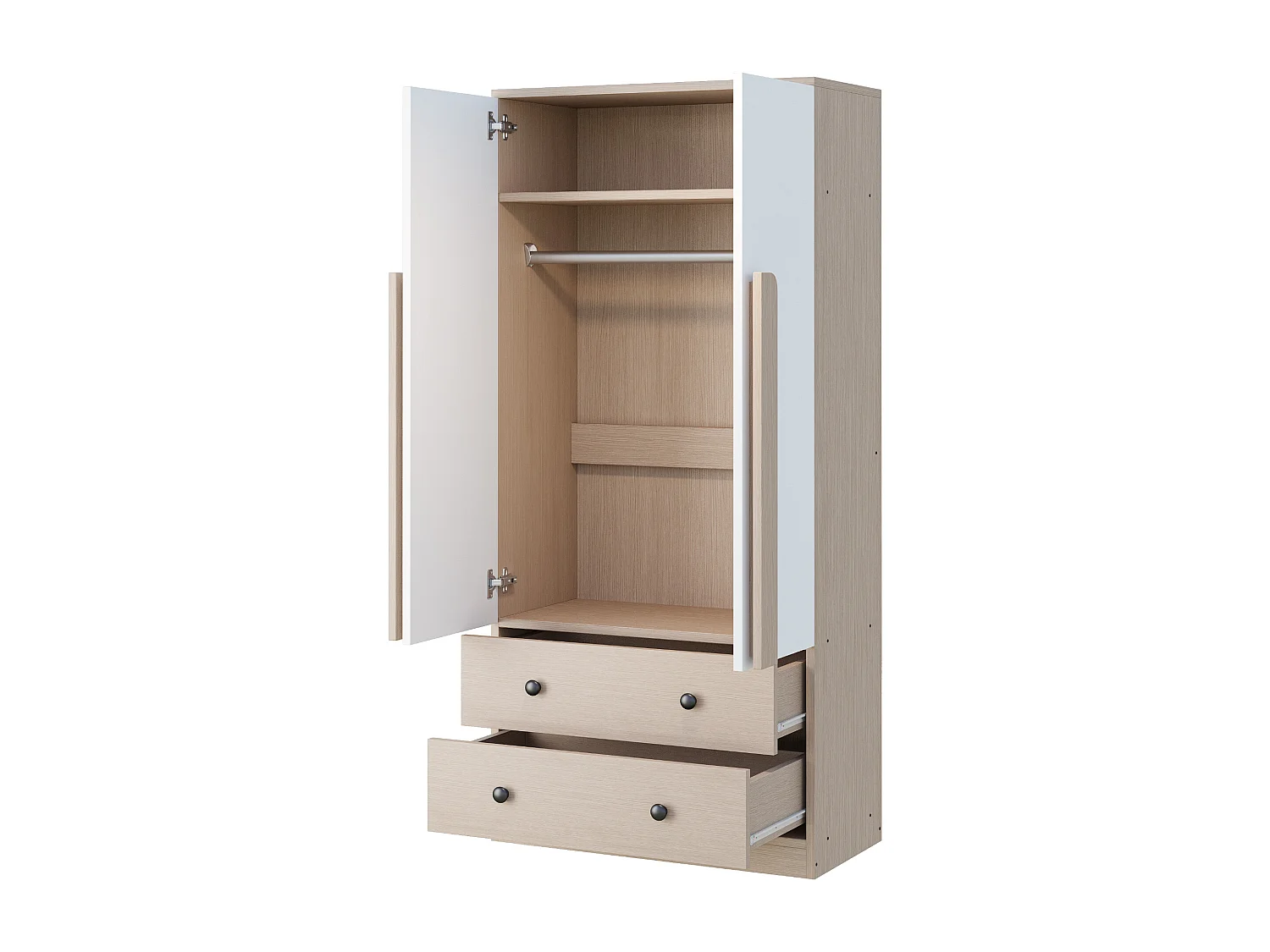 Guarda-roupa com 2 portas e 2 gavetas - 70 x 40 x 170 cm - Pinho + compensado + MDF - Natural e branco