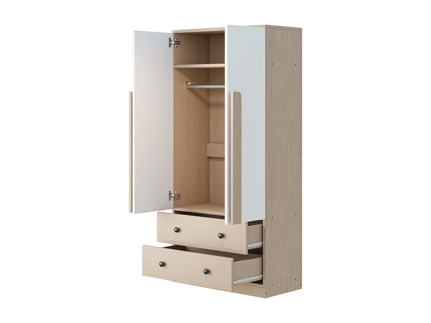 Guarda-roupa com 2 portas e 2 gavetas - 70 x 40 x 170 cm - Pinho + compensado + MDF - Natural e branco