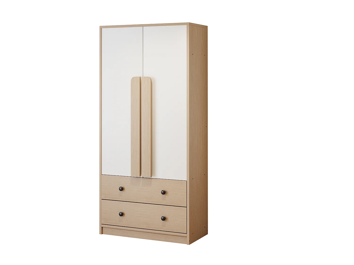 Guarda-roupa com 2 portas e 2 gavetas - 70 x 40 x 170 cm - Pinho + compensado + MDF - Natural e branco