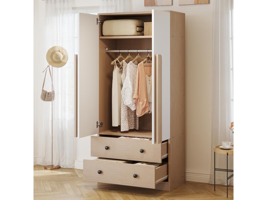 Kledingkast met 2 deuren en 2 lades - 70 x 40 x 170 cm - Grenen + multiplex + MDF - Naturel en wit