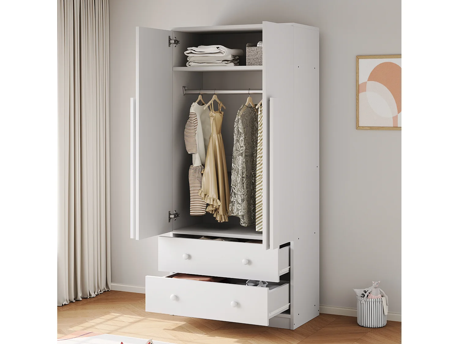 Guarda-roupa com 2 portas e 2 gavetas - 70 x 40 x 170 cm - Pinho + compensado + MDF - Branco