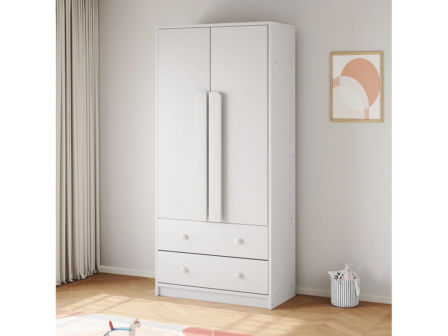 Guarda-roupa com 2 portas e 2 gavetas - 70 x 40 x 170 cm - Pinho + compensado + MDF - Branco