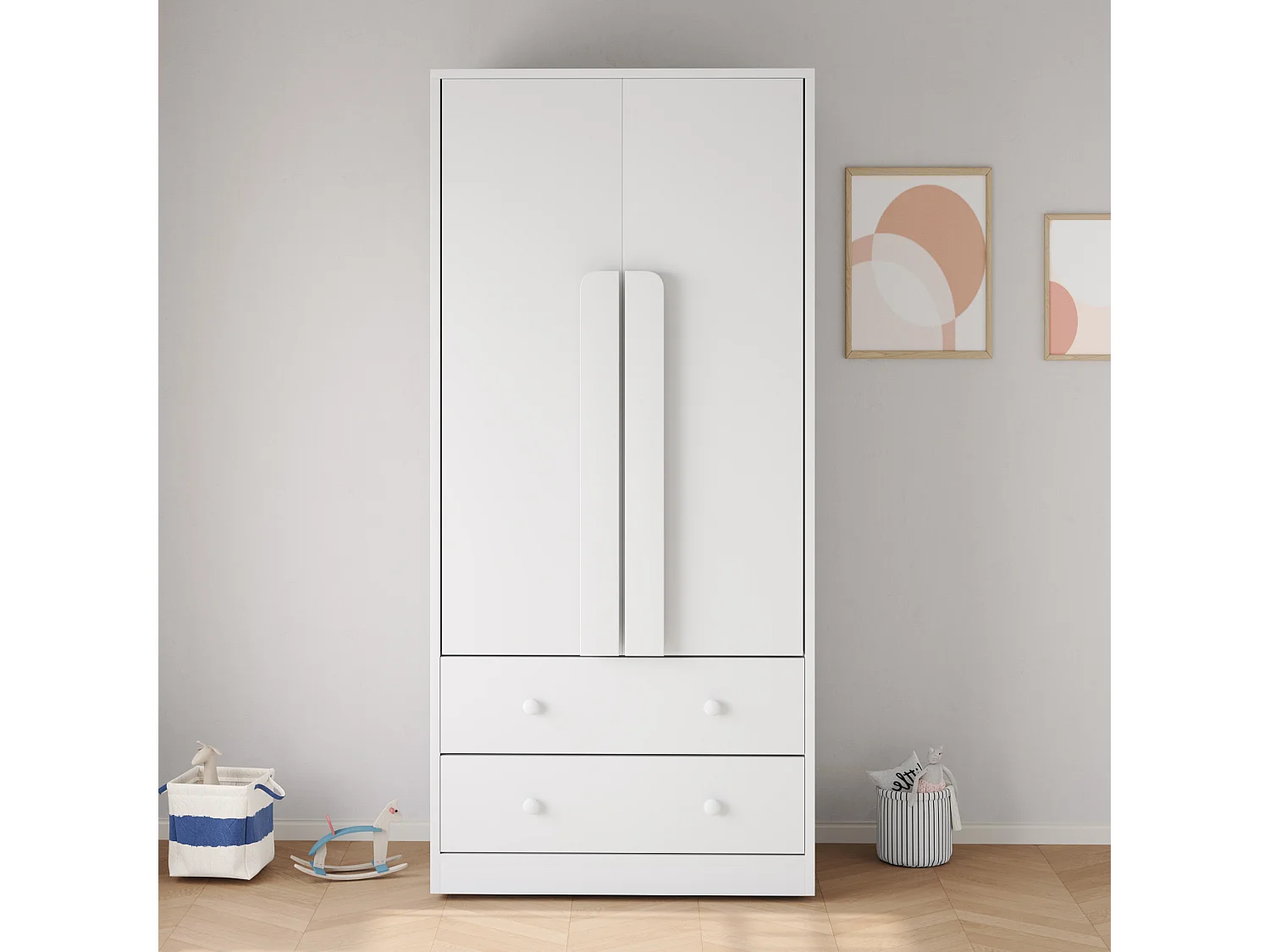 Guarda-roupa com 2 portas e 2 gavetas - 70 x 40 x 170 cm - Pinho + compensado + MDF - Branco