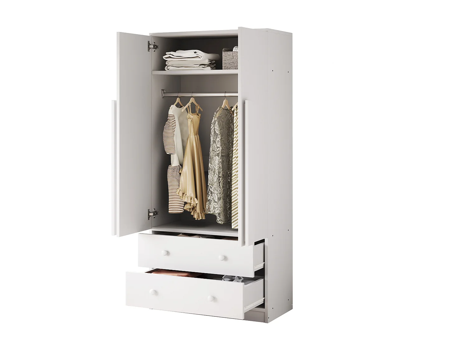 Guarda-roupa com 2 portas e 2 gavetas - 70 x 40 x 170 cm - Pinho + compensado + MDF - Branco