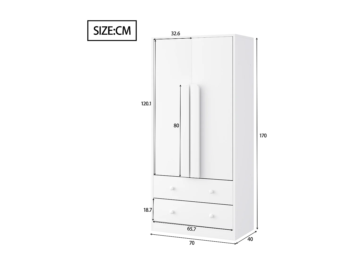 Guarda-roupa com 2 portas e 2 gavetas - 70 x 40 x 170 cm - Pinho + compensado + MDF - Branco